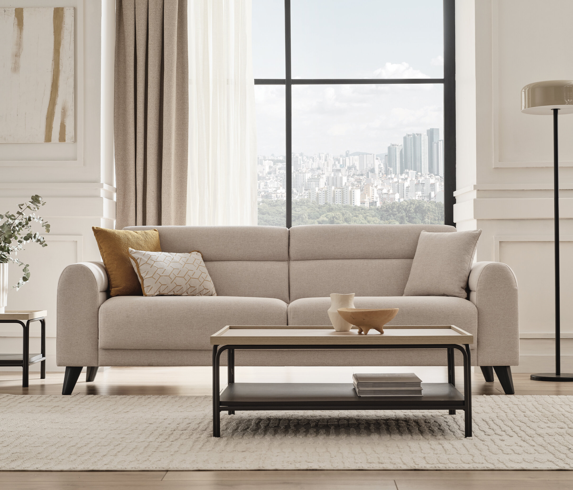 Paloma Cream 3-Seater Sofa Bed with Pull-Out Mechanism & Storage | Modern Sofa Dubai | Enza Home UAE - Image 2