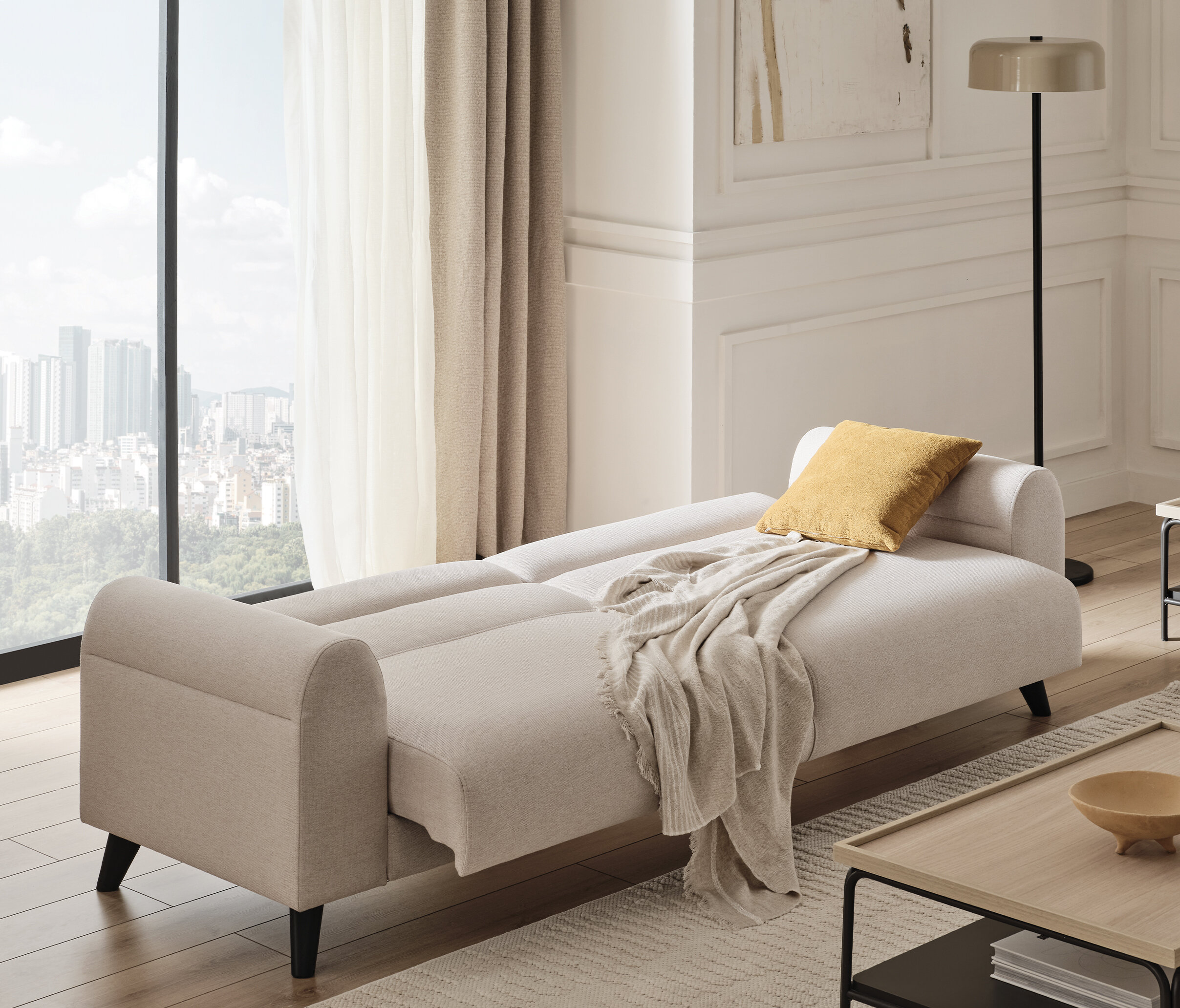 Paloma Cream 3-Seater Sofa Bed with Pull-Out Mechanism & Storage | Modern Sofa Dubai | Enza Home UAE - Image 4