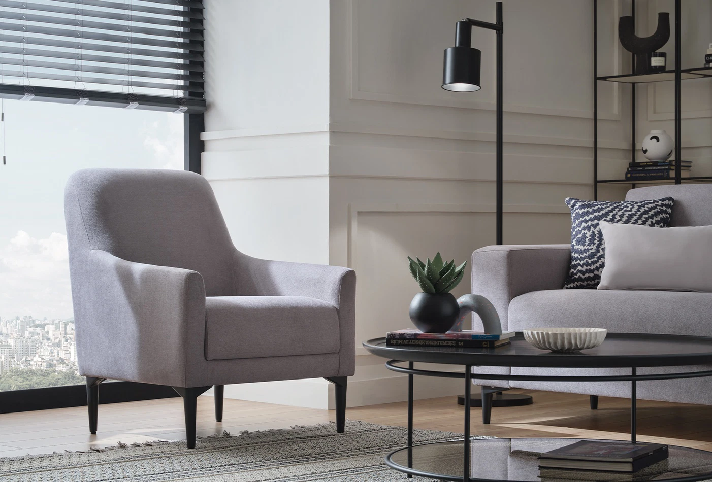 Briza Grey Woven Fabric Armchair | Modern Accent Chair Dubai | Enza Home UAE