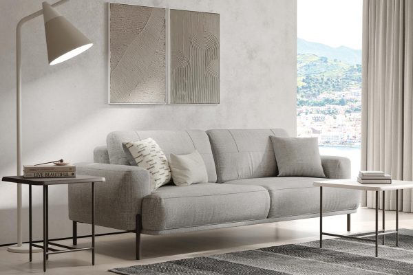 Stylish Varena three-seater sofa bed with coffee metal legs and woven upholstery