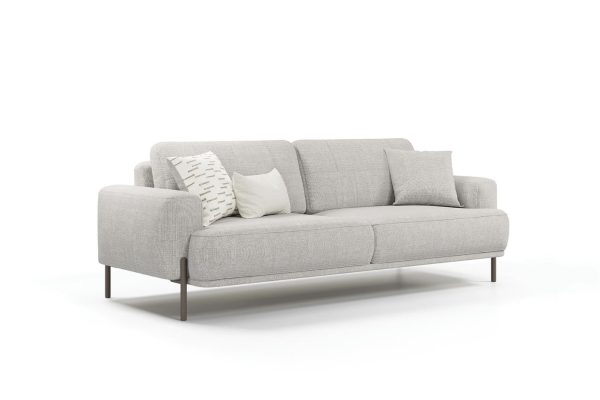 Varena convertible sofa bed showcasing back-rotating mechanism in light grey fabric